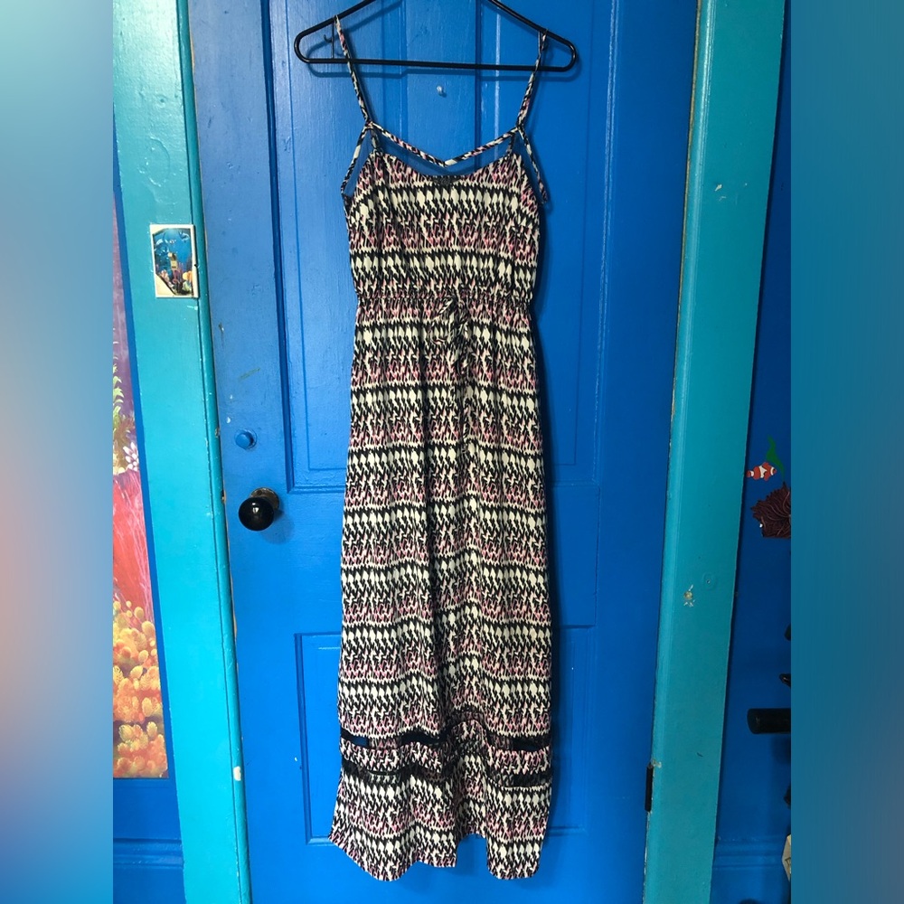 BeBop Black, White & Pink Patterned Smocked Maxi Dress sz s. Like new